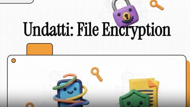 Undatti | file encryption banner featuring 3D clay characters, a purple padlock, and security keys.