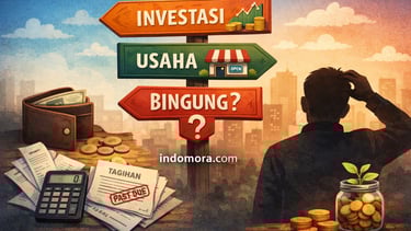Ilustrasi seseorang sedang bingung memilih antara investasi atau memulai usaha saat kondisi keuangan