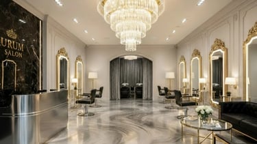 "Hair salon interior with glossy metallic epoxy flooring in marble gray tones