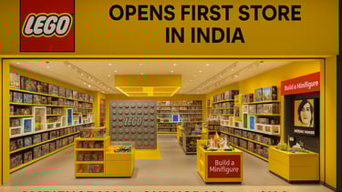 LEGO India store launch at Ambience Mall Gurugram featuring brick walls, BYOM stations, and exclusive India-themed LEGO build