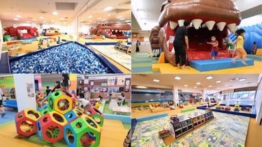 大型エアー遊具や恐竜の口、ボールプール、カラフルな遊具などが並ぶファンファンキッズの室内遊園地の様子｜堺市のニュースならサカイタイムズ