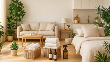 Eco-friendly home interior featuring organic cotton towels in wicker baskets and lush indoor plants.