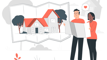 this image is an illustration of a two persons standing to designing & building a new dream home