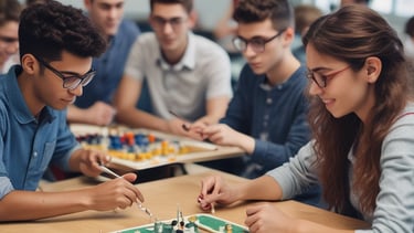 A teacher is engaging with a group of students sitting at a desk. The students are dressed in matching attire and wearing traditional headwear. They appear focused on their studies as they interact with the teacher. Books are open in front of them, and shelves filled with books are visible in the background.