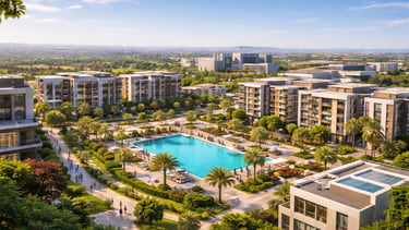 صورة بانورامية حديثة لمشروع سكني فاخر في مصر توضح مباني عصرية، مساحات خضراء واسعة، طرق منظمة وخدمات 