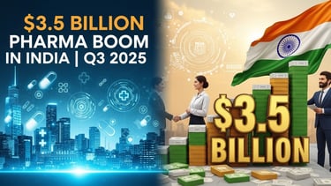 भारत के फार्मा और हेल्थकेयर सेक्टर में Q3 2025 में हुए $3.5 बिलियन निवेश को दर्शाता थंबनेल