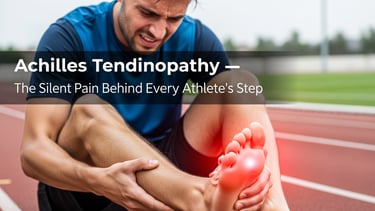 Achilles Tendinopathy: एड़ी से पिंडली तक सूजन और दर्द दर्शाता स्वास्थ्य चित्र