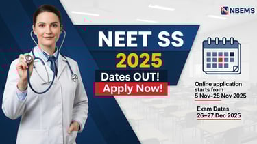 NEET SS 2025 exam and application dates, representing NBEMS announcement thumbnail.