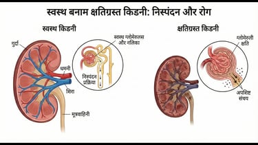 showing healthy kidney vs damaged kidney with labeled parts in Hindi