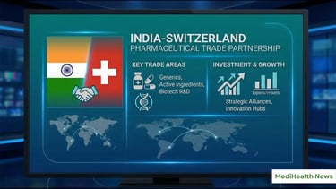 showing India-Switzerland trade partnership in pharmaceuticals, icons of medicine bottles.
