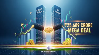 Torrent Pharma and JB Chemicals merger visual with handshake and headline text showing ₹25,689 crore