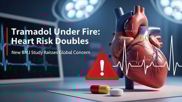 Medical image showing a human heart with ECG pulse and a Tramadol capsule.