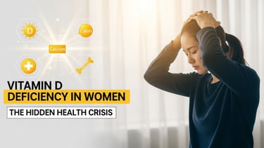 विटामिन-डी की कमी से जूझती महिला का चित्र, बैकग्राउंड में सूरज की किरणें और हड्डियों के मेडिकल सिंबल