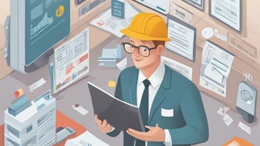 A man wearing a suit sits at a desk, concentrating on the documents in front of him. The desk has a microphone, a telephone, and some papers. The background includes a wall with several sheets of paper posted on it and a door.