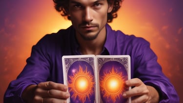 Several tarot cards are spread out on a white surface. Each card features unique illustrations, such as a lion, a crescent moon with forest trees, a pair of flying birds, a deer beneath a rainbow, and two intertwined sticks.