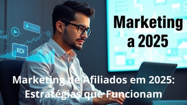 Empreendedor digital com gráficos de marketing ao fundo.