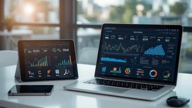 Computador e tablet mostrando gráficos interativos de marketing digital, representando cálculo de al