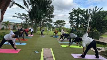 Yoga participants using props for better alignement