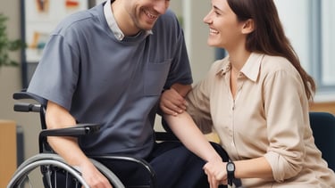 a man in a wheelchair is standing next to a woman in a wheelchair