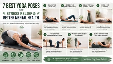 Infographic showing 7 best yoga poses for stress relief