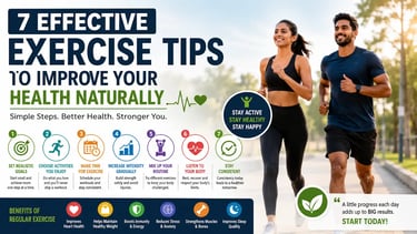 Infographic showing seven effective exercise tips to improve health naturally