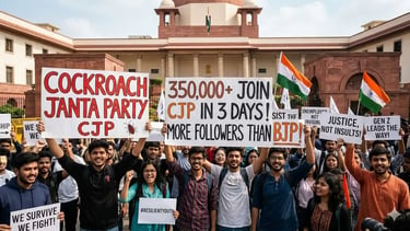 A diverse group of young Indian protesters smiling and demanding accountability