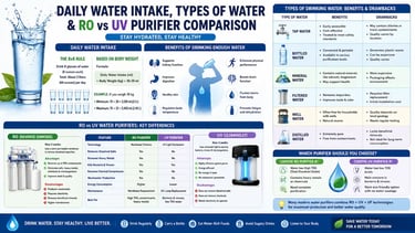 Daily water intake guide showing hydration benefits