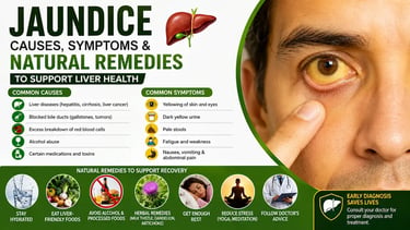 infographic showing yellow eyes, liver illustration, common causes, symptoms