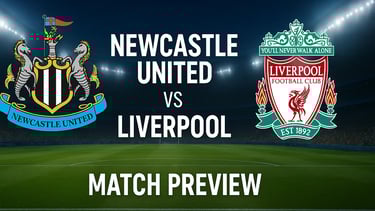 Digital graphic design showing Newcastle United vs Liverpool Premier League 2025 match preview.
