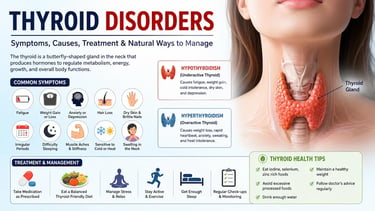 Illustration of the thyroid gland showing symptoms, causes, and treatment of thyroid disorders