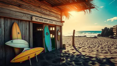a beach hut with surfboards and surfboards