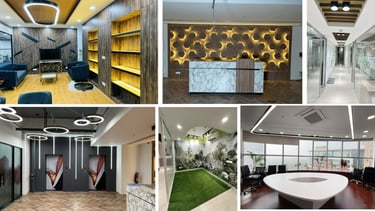Modern corporate office interior design showcasing luxury meeting rooms, lobby reception, and creative workspaces.