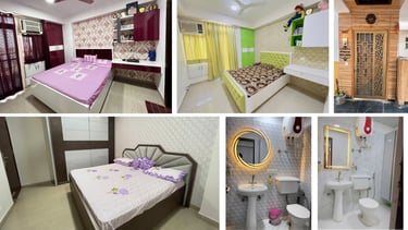 Modern Indian apartment interior design featuring elegant bedrooms with stylish furniture and contemporary bathroom fixtures.