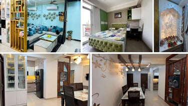 Modern Indian home interior design showcasing a blue living room, green bedroom, and traditional puja room.