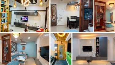 Modern home interior design featuring a minimalist living room, wooden partition, and elegant wall units.
