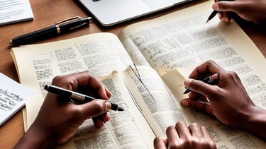 Two individuals collaborate on a book while using a laptop at a table, surrounded by notes and coffe