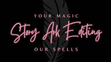 Story Ark Editing logo with the tagline "Your Magic, Our Spells" and a feather design in the backgro