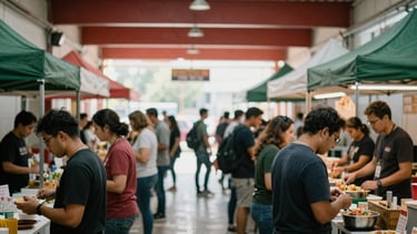 Wide shot of a lively food hall with diverse people, natural light, food stalls, and a sense of community, soft focus, rich crimson and forest green tones, shallow depth of field, 35mm film