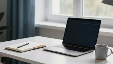 A professional and bright home office interior in Vilnius, Lithuania. A clean desk with a laptop, a designer notebook, and a ceramic mug. Soft morning light from a window, steel blue and pale grey accents in the decor. High-end, results-oriented, Northern European professional atmosphere.
