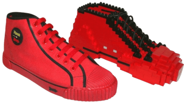 a pair of red shoes with a lego - style shoelacee CorpoRASTI