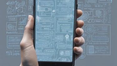 A hand is holding a smartphone displaying a website with the header 'LE SOLUZIONI'. The smartphone screen shows a section with an image of a person and text underneath. The background is a wooden table surface.