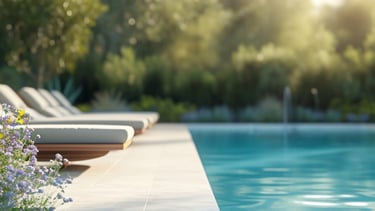 a pool with lounge chairs and flowers in the foreground