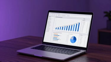 A high-end, minimalist North American office setting featuring a sleek laptop on a dark wood desk. The screen displays professional data-driven marketing charts. The lighting is low and sophisticated with soft violet and deep purple ambient glows illuminating the edges of the tech equipment.