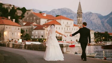 bride and groom walking in scenic Europe destination wedding