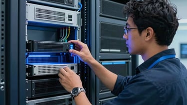 Professional photography of a high-tech network operations center in América Latina. A technician is inspecting a rack of routers and servers illuminated by soft blue light. The environment is modern and clean, symbolizing reliability and innovation, with a palette of dark blue, light blue, and white.
