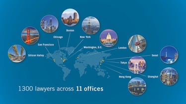World map showing 11 global law firm office locations with city skyline icons and legal team statistics.