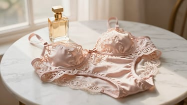 A delicate lace and satin lingerie piece draped elegantly over a white marble table next to a golden perfume bottle, soft morning light, romantic editorial photography