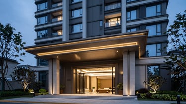 Clean and modern architectural shot of a high-end South American residential building entrance, professional evening photography with soft light blue and dark blue ambient lighting, reflecting reliability and premium management.