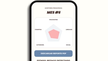 A mobile app showing a child development pentagon chart and pedagogical audit report with a warning alert.