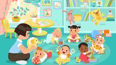 groupe d'enfants Astro'mômes jouant avec des jouets dans la crèche / micro-crèche
